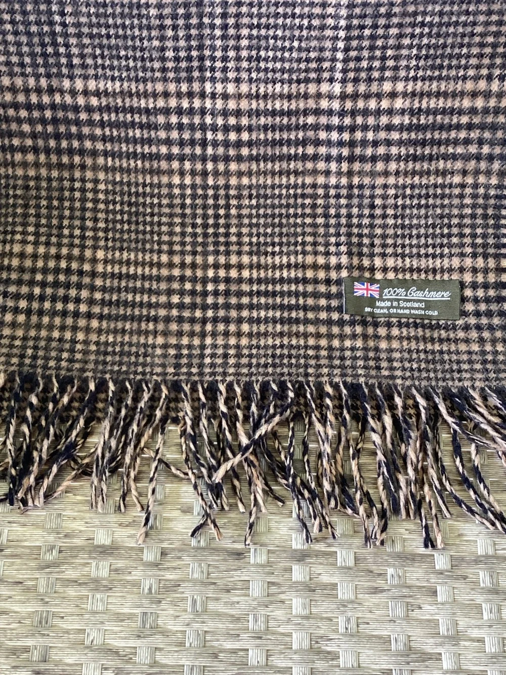 British Collection Brown Plaid Fringe Scarf 100% Cashmere Made In Scotland